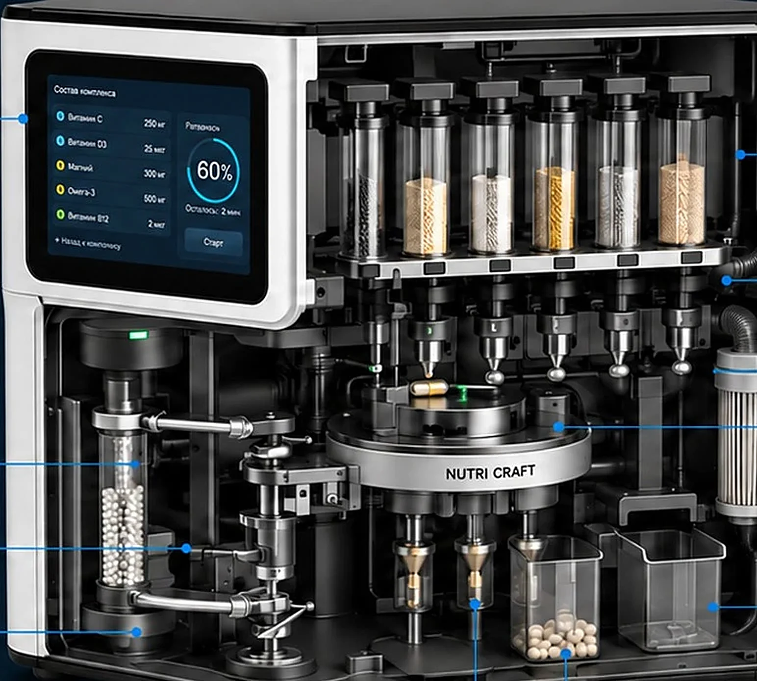 Cutaway concept render of the Botonic machine: cartridges, dosing nozzles, rotating capsule table and reject bin